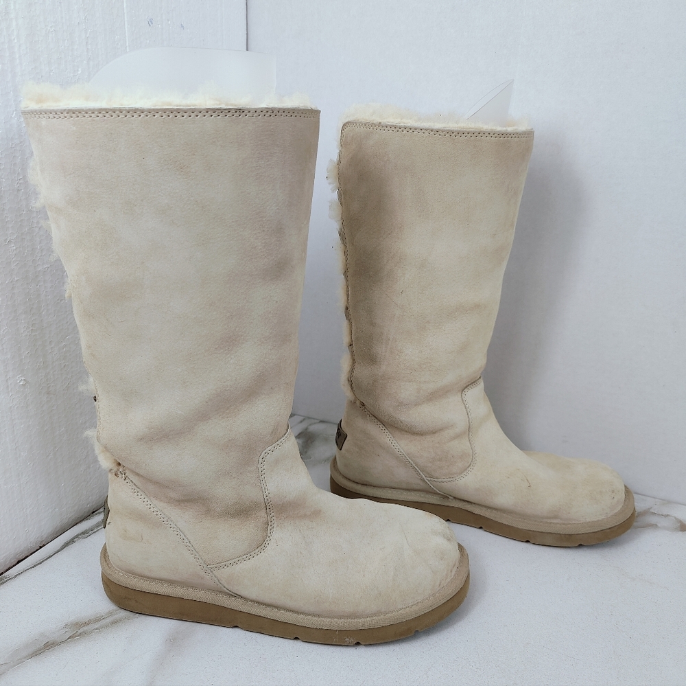 UGG Tall Lace-Back Shearling Boots in Light Beige/Cream - Picture 2 of 14